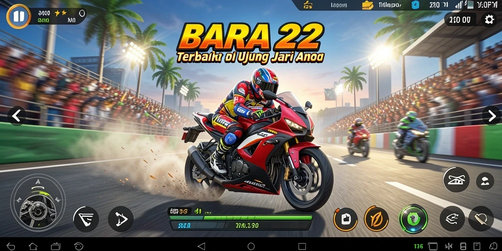 Screenshot gameplay BARA22 menampilkan balapan motor mendebarkan di trek yang menantang.