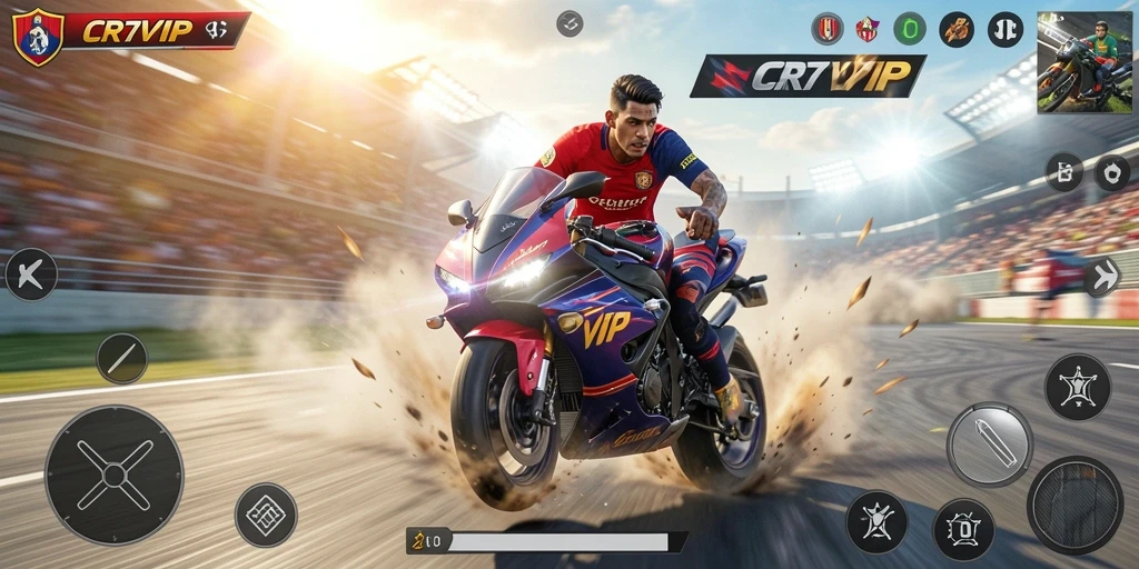 Screenshot utama CR7VIP menampilkan adegan balapan motor yang mendebarkan.