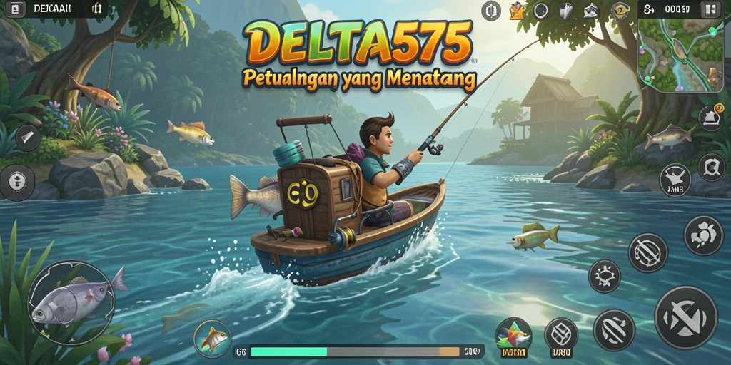 Screenshot utama DELTA575 menampilkan pemain memancing di danau yang indah.