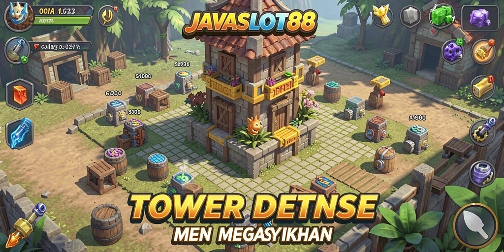 Screenshot utama menunjukkan aksi menara bertahan di JAVASLOT88.