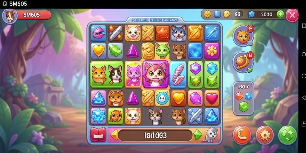 Tampilan menarik dari gameplay Match-3 SM605 yang penuh warna.