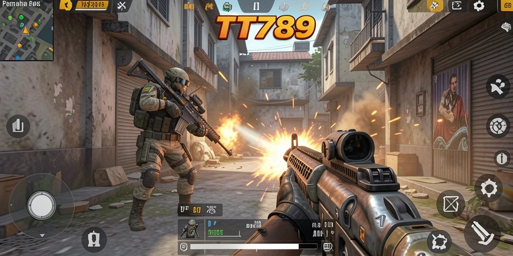 Screenshot gameplay TT789 menampilkan aksi tembak-menembak yang intens.