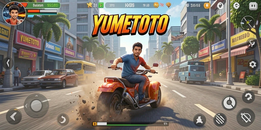 Gameplay seru YUMETOTO dengan mobil melaju kencang di jalanan.